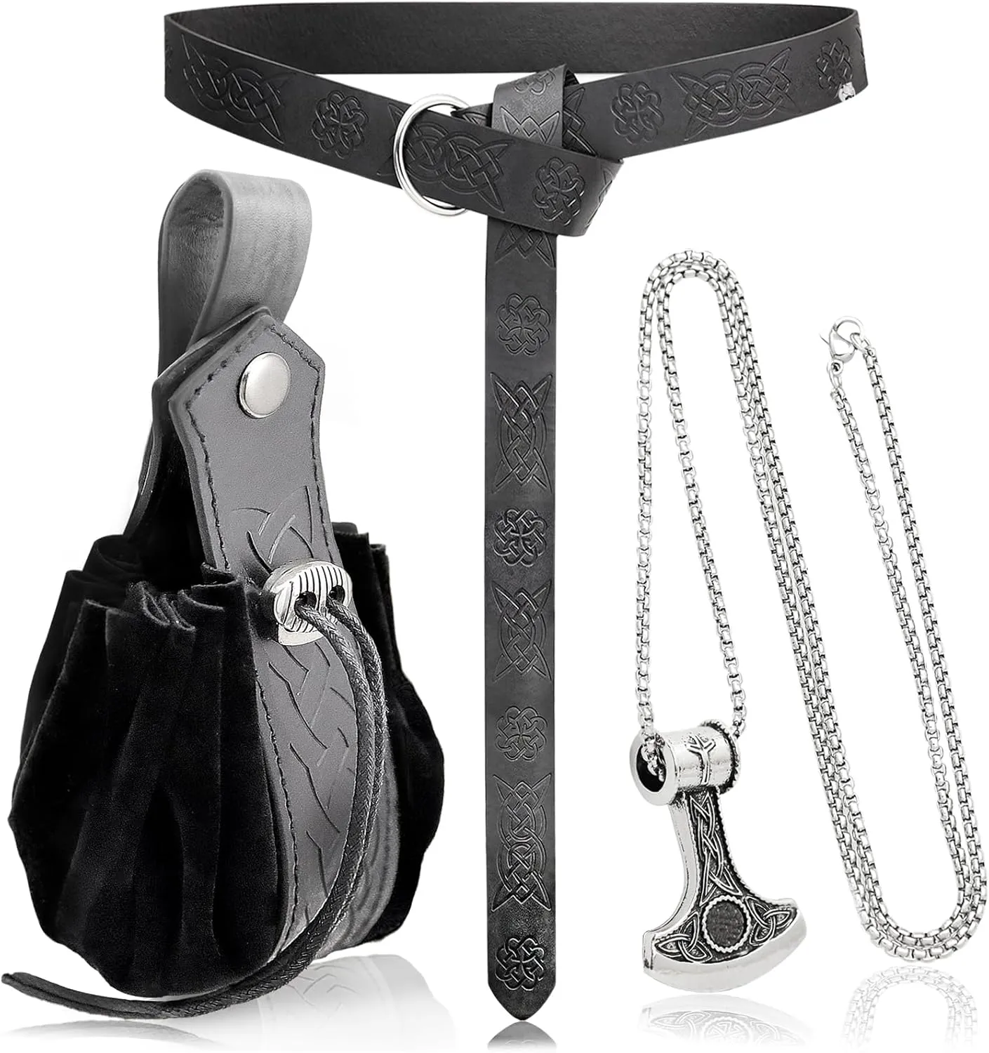 3 Pieces Medieval Viking Leather Belt, Retro Drawstring Belt Bag Pouch and Stainless Steel Chain Axe Necklace, Renaissance Knight Accessories Set for LARP Ren Faire Costume Black