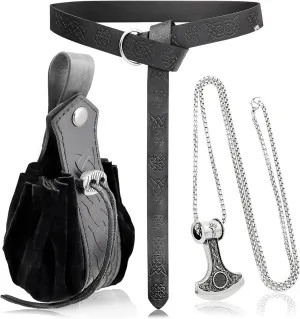 3 Pieces Medieval Viking Leather Belt, Retro Drawstring Belt Bag Pouch and Stainless Steel Chain Axe Necklace, Renaissance Knight Accessories Set for LARP Ren Faire Costume Black