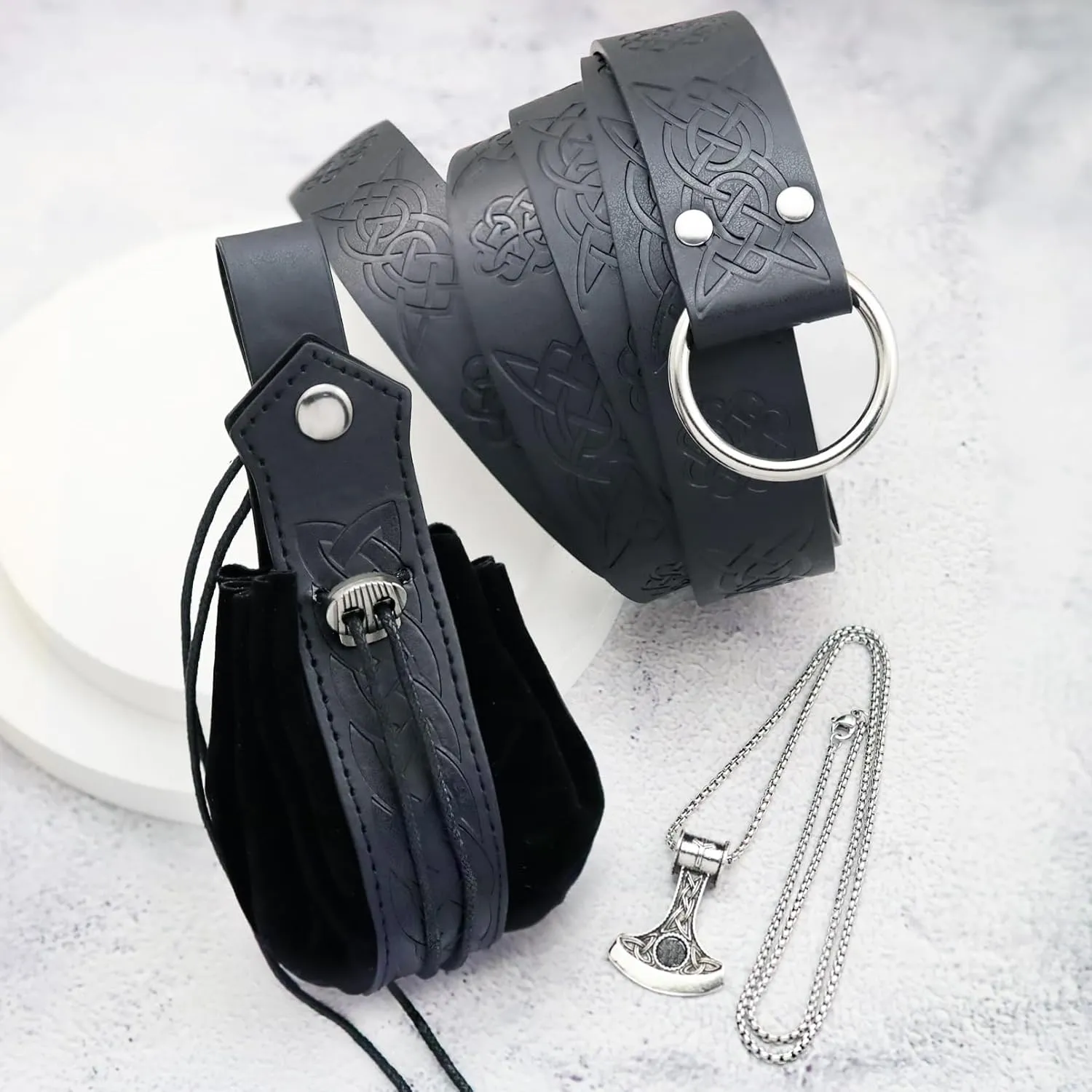 3 Pieces Medieval Viking Leather Belt, Retro Drawstring Belt Bag Pouch and Stainless Steel Chain Axe Necklace, Renaissance Knight Accessories Set for LARP Ren Faire Costume Black