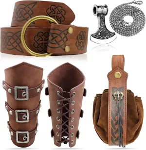 5pcs Medieval Viking Knight Bracers Arm Guards,Knight Belt,Drawstring Purse Pouch Bag and Stainless Steel Chain Axe Necklace Set for Renaissance Faires,LARP events,Halloween costumes,5 brwon set