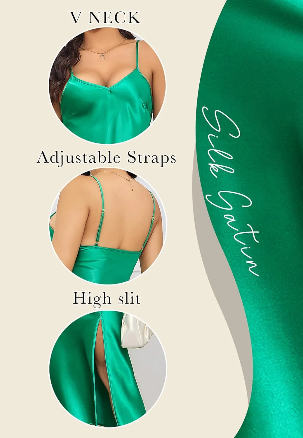 ALCEA ROSEA Women's Long Satin Slip Dress Nightgowns Sexy Lingerie Adjustable Strap Midi Dress Silky Gown V Neck Under Dress
