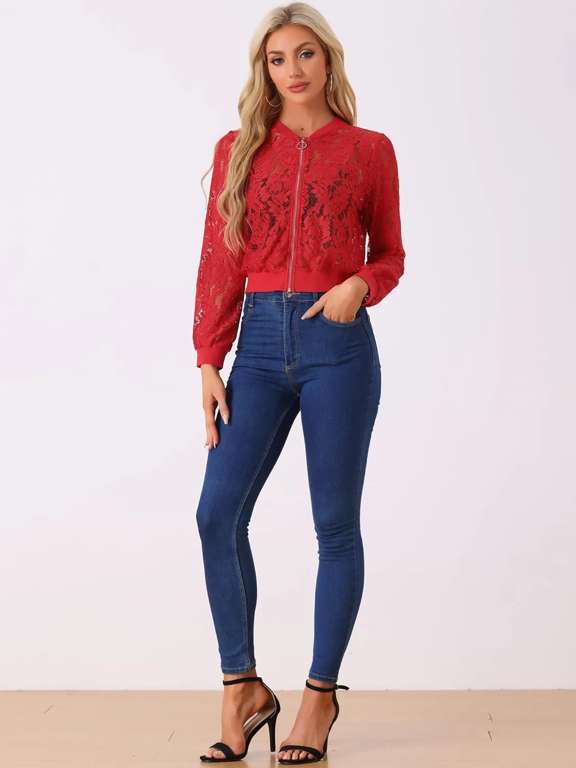 Allegra K Lace Jackets for Women's Stand Collar Zip Up Lightweight Gothic Sheer Baseball Jacket