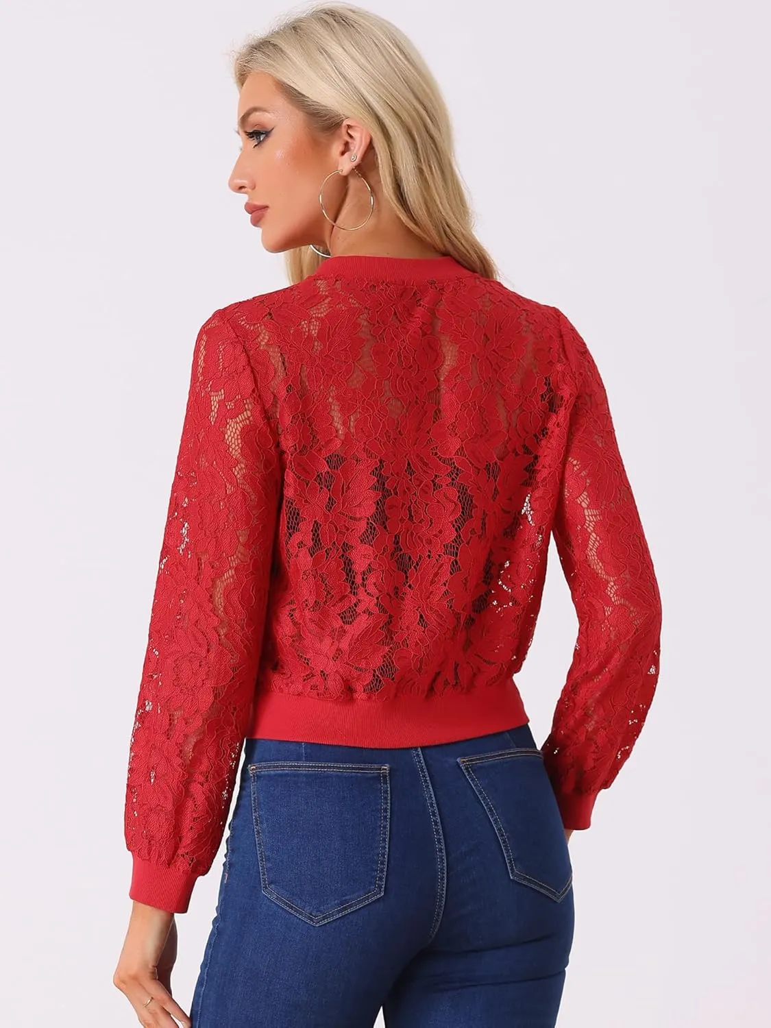 Allegra K Lace Jackets for Women's Stand Collar Zip Up Lightweight Gothic Sheer Baseball Jacket