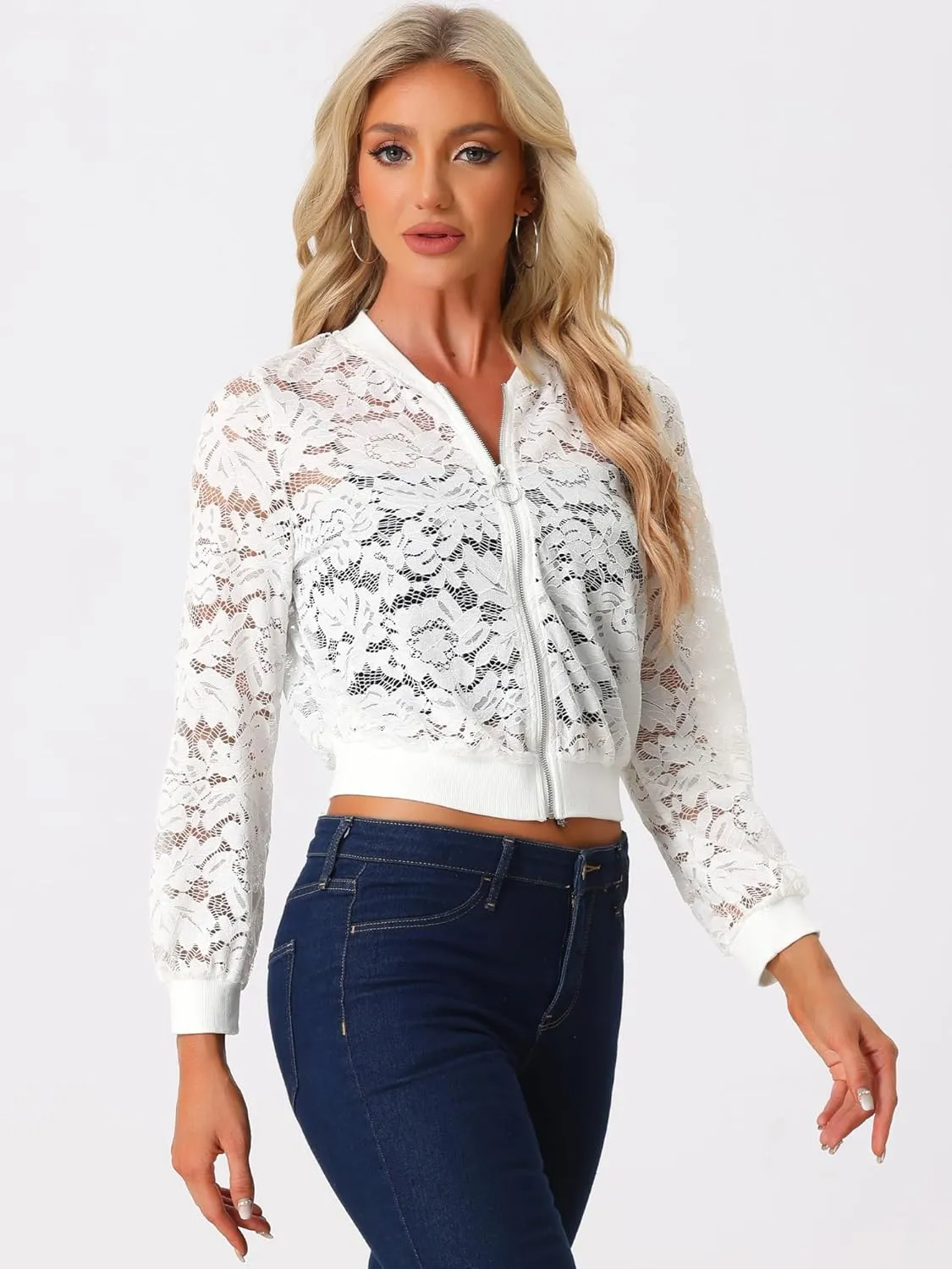 Allegra K Lace Jackets for Women's Stand Collar Zip Up Lightweight Gothic Sheer Baseball Jacket