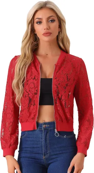 Allegra K Lace Jackets for Women's Stand Collar Zip Up Lightweight Gothic Sheer Baseball Jacket