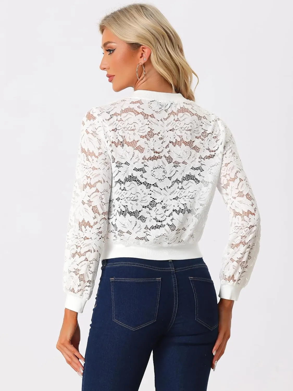 Allegra K Lace Jackets for Women's Stand Collar Zip Up Lightweight Gothic Sheer Baseball Jacket