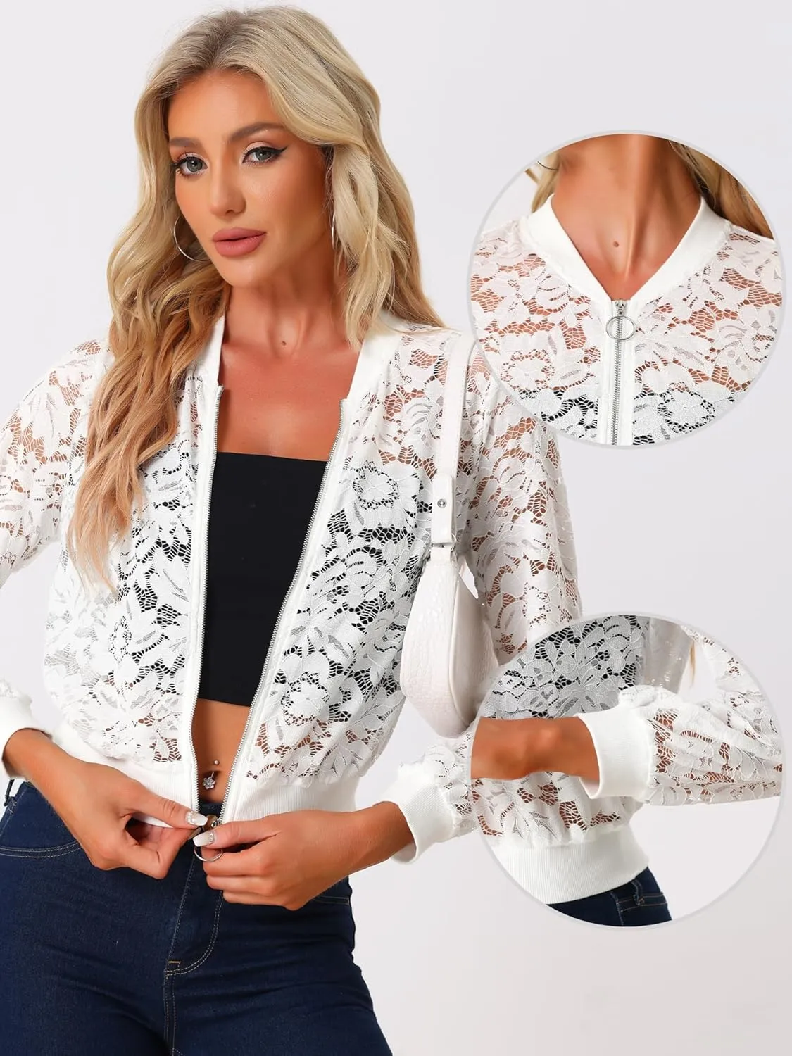 Allegra K Lace Jackets for Women's Stand Collar Zip Up Lightweight Gothic Sheer Baseball Jacket