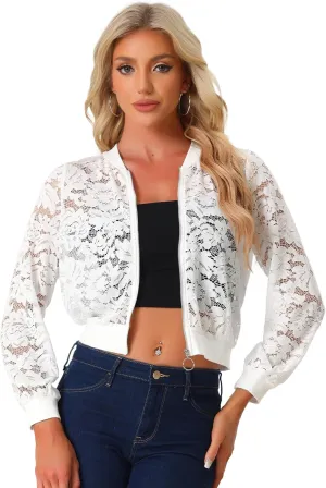 Allegra K Lace Jackets for Women's Stand Collar Zip Up Lightweight Gothic Sheer Baseball Jacket