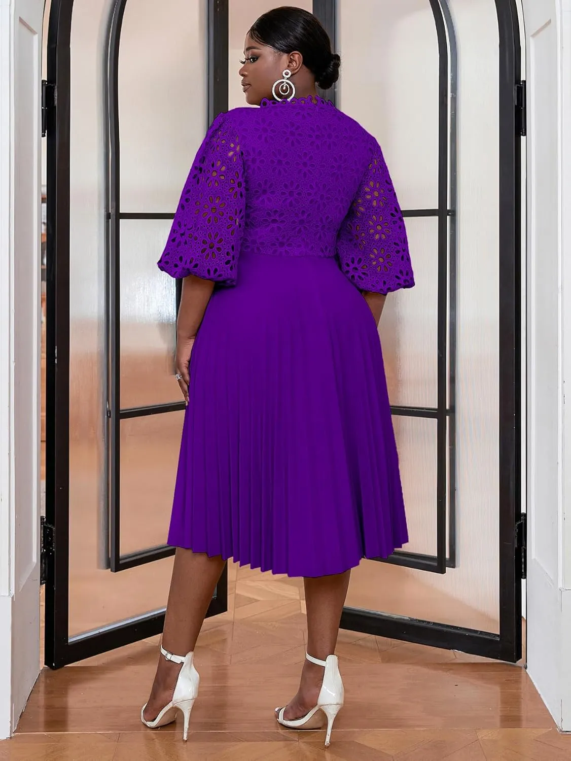 AOMEI Women's Elegant Lace Patchwork A-line Midi Pleated Hollow Out Lantern Sleeve Dress
