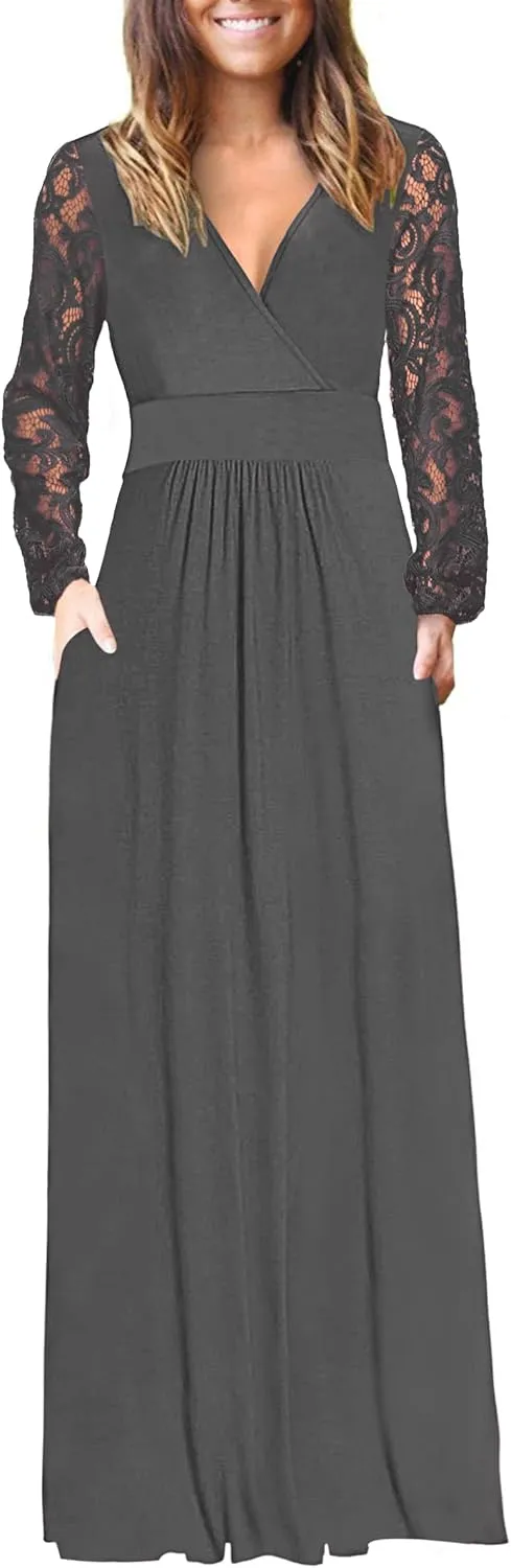 AUSELILY Womens Long Sleeve Maxi Dress 2025 Fall Lace Sleeve Dress V Neck Wrap Waist Long Dresses with Pockets