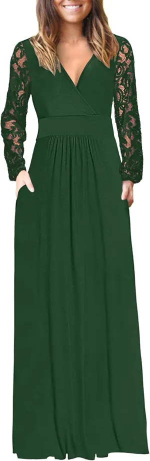 AUSELILY Womens Long Sleeve Maxi Dress 2025 Fall Lace Sleeve Dress V Neck Wrap Waist Long Dresses with Pockets