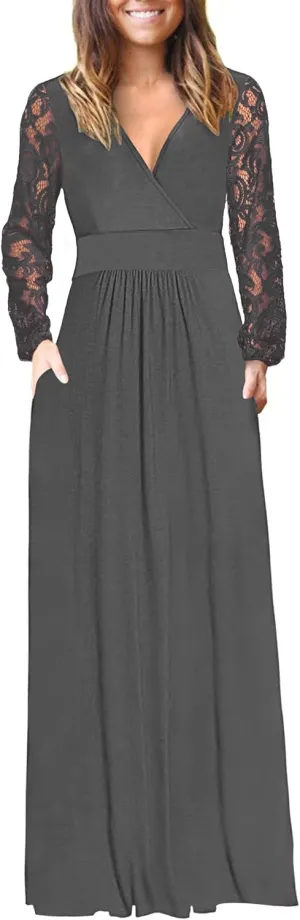 AUSELILY Womens Long Sleeve Maxi Dress 2025 Fall Lace Sleeve Dress V Neck Wrap Waist Long Dresses with Pockets