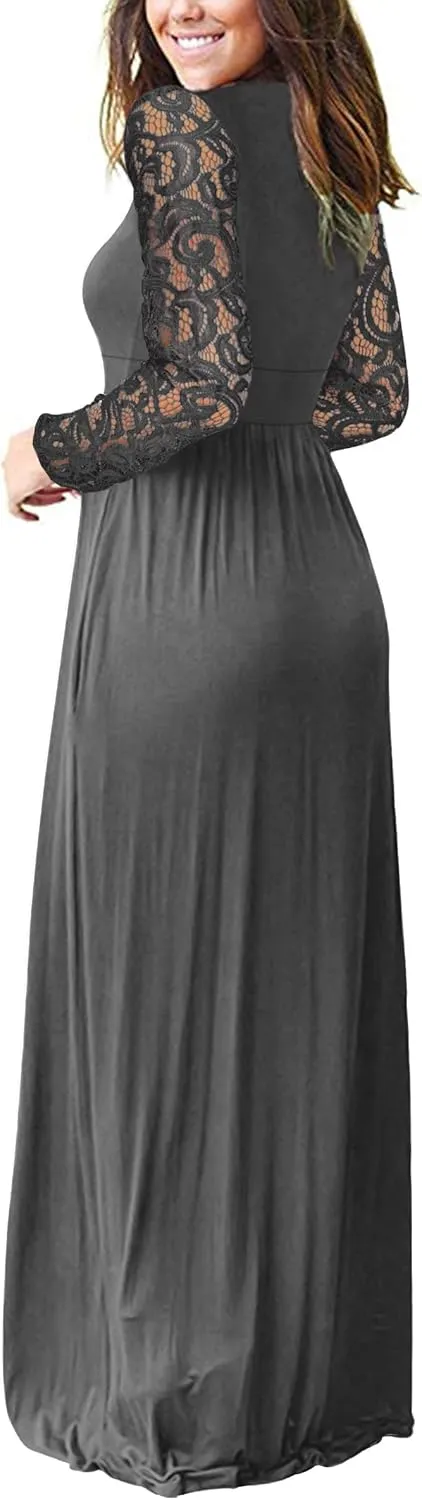 AUSELILY Womens Long Sleeve Maxi Dress 2025 Fall Lace Sleeve Dress V Neck Wrap Waist Long Dresses with Pockets
