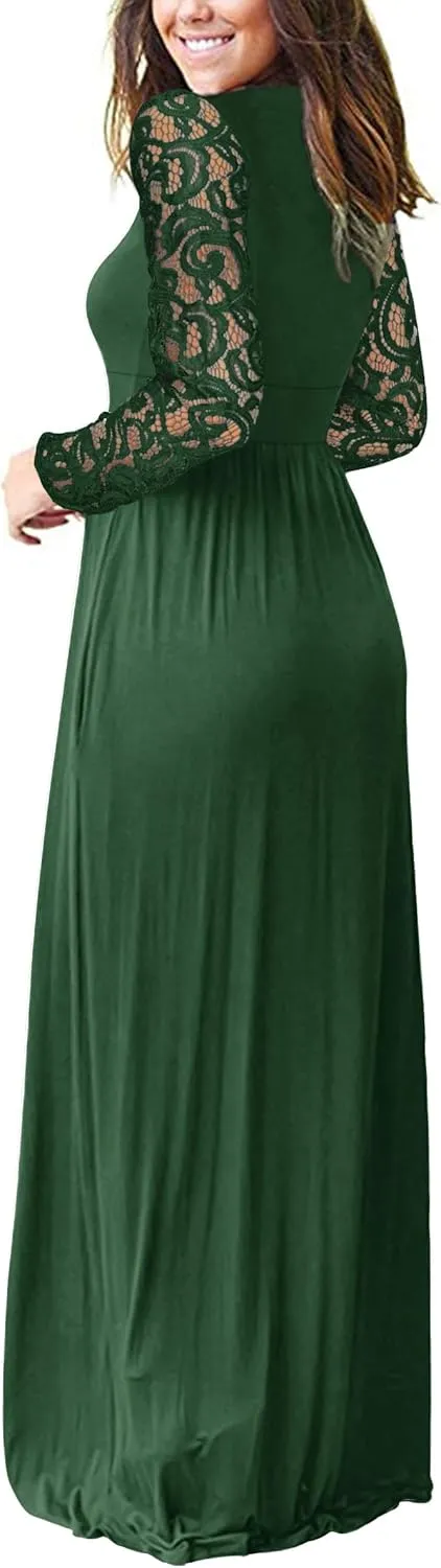 AUSELILY Womens Long Sleeve Maxi Dress 2025 Fall Lace Sleeve Dress V Neck Wrap Waist Long Dresses with Pockets
