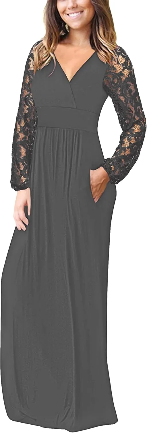 AUSELILY Womens Long Sleeve Maxi Dress 2025 Fall Lace Sleeve Dress V Neck Wrap Waist Long Dresses with Pockets