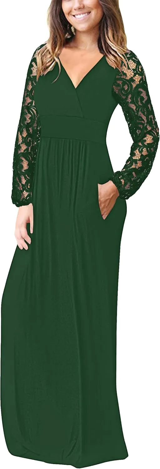 AUSELILY Womens Long Sleeve Maxi Dress 2025 Fall Lace Sleeve Dress V Neck Wrap Waist Long Dresses with Pockets