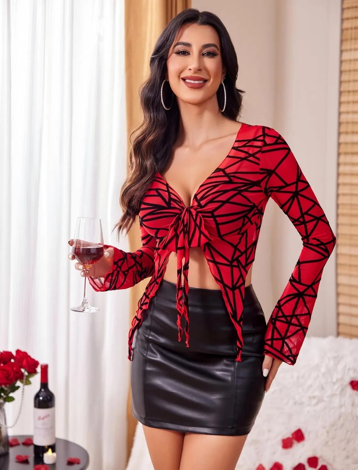 Avidlove Women Mesh Crop Top Y2K Tie Front Tops Rave Top Sheer Cardigan Sexy V Neck Outfits S-2XL