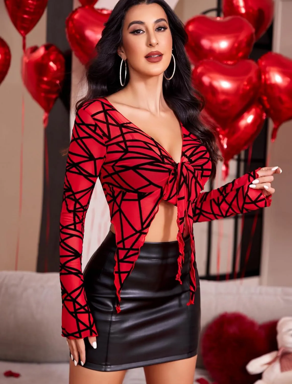 Avidlove Women Mesh Crop Top Y2K Tie Front Tops Rave Top Sheer Cardigan Sexy V Neck Outfits S-2XL