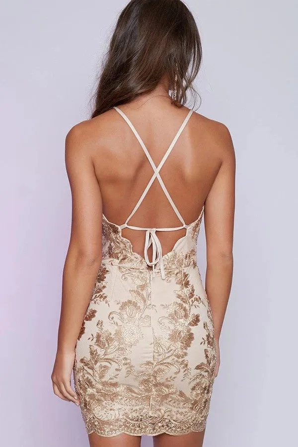 Backless Champagne Satin Homecoming Dress With Lace Appliques
