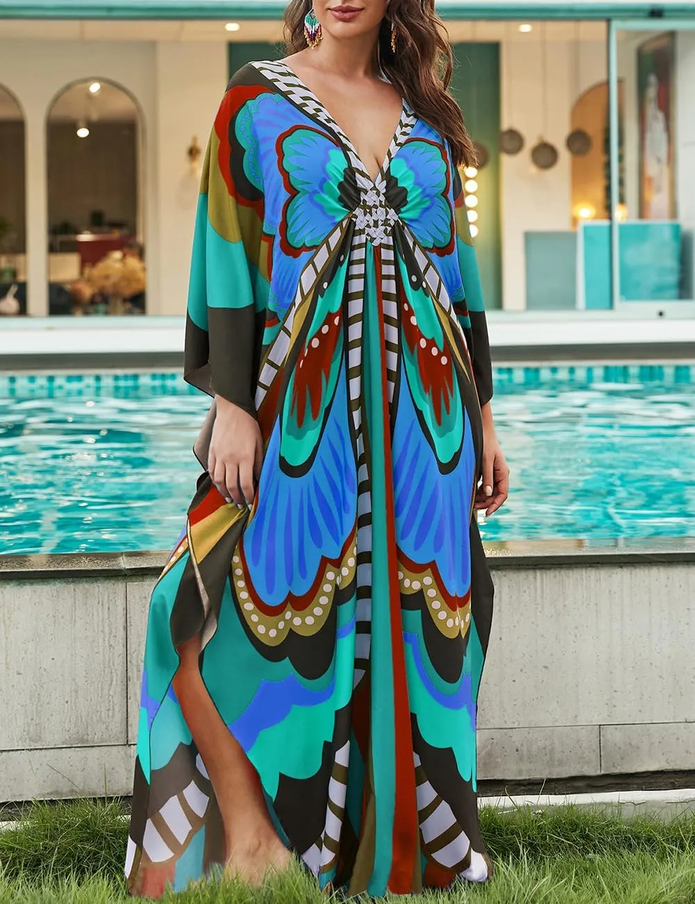 Bsubseach Kaftan Dresses for Women Butterfly Print Plus Size Batwing Sleeve Caftans Long Bathing Suit Cover Up