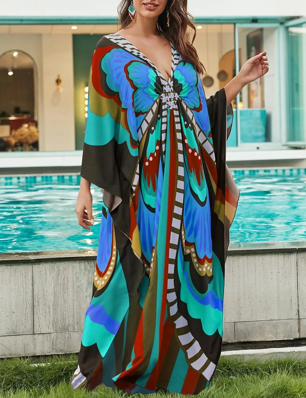 Bsubseach Kaftan Dresses for Women Butterfly Print Plus Size Batwing Sleeve Caftans Long Bathing Suit Cover Up