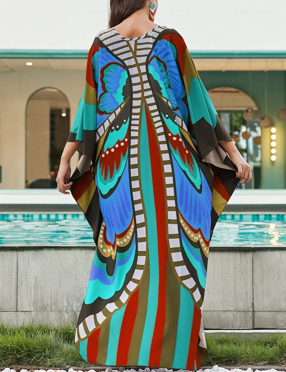 Bsubseach Kaftan Dresses for Women Butterfly Print Plus Size Batwing Sleeve Caftans Long Bathing Suit Cover Up