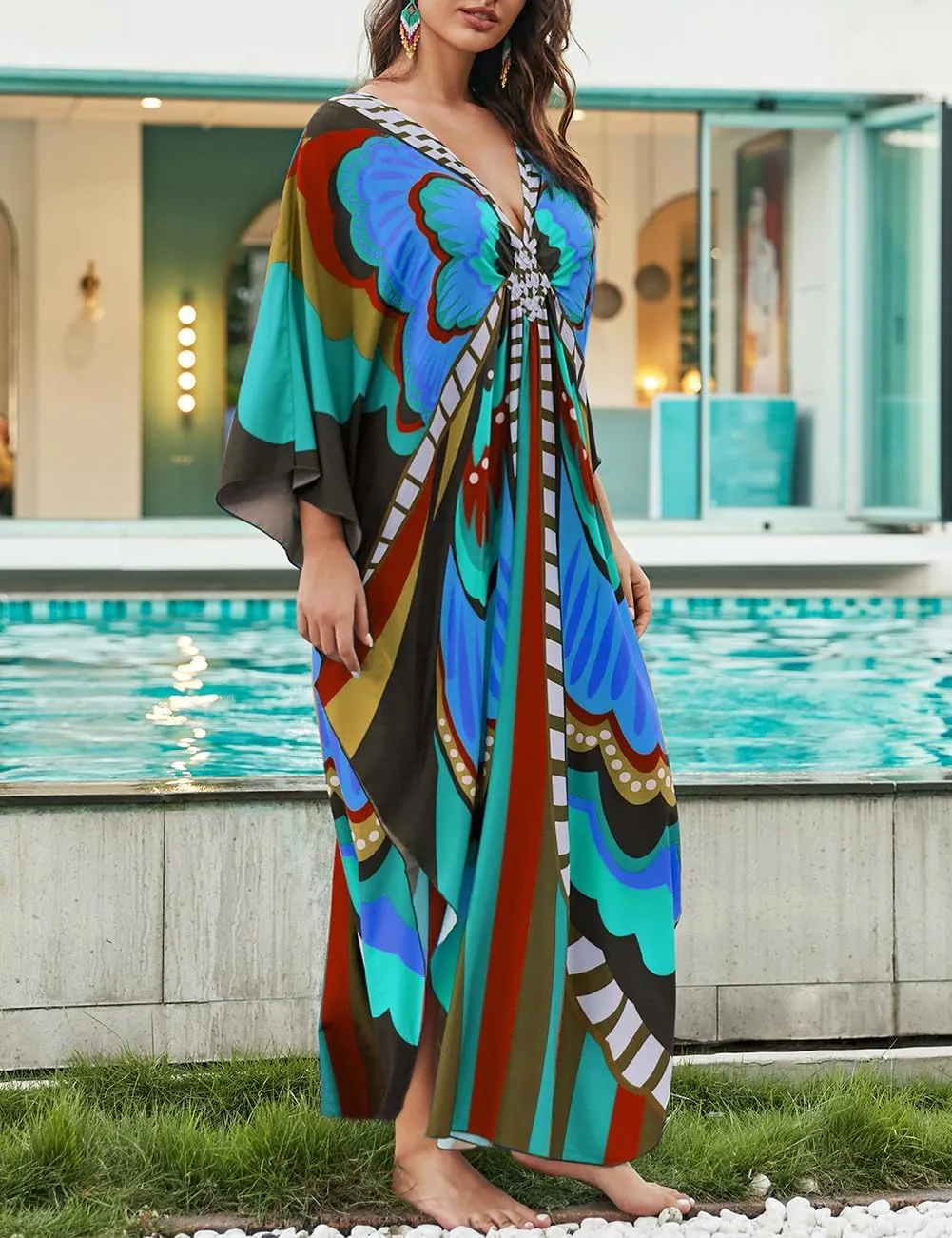 Bsubseach Kaftan Dresses for Women Butterfly Print Plus Size Batwing Sleeve Caftans Long Bathing Suit Cover Up