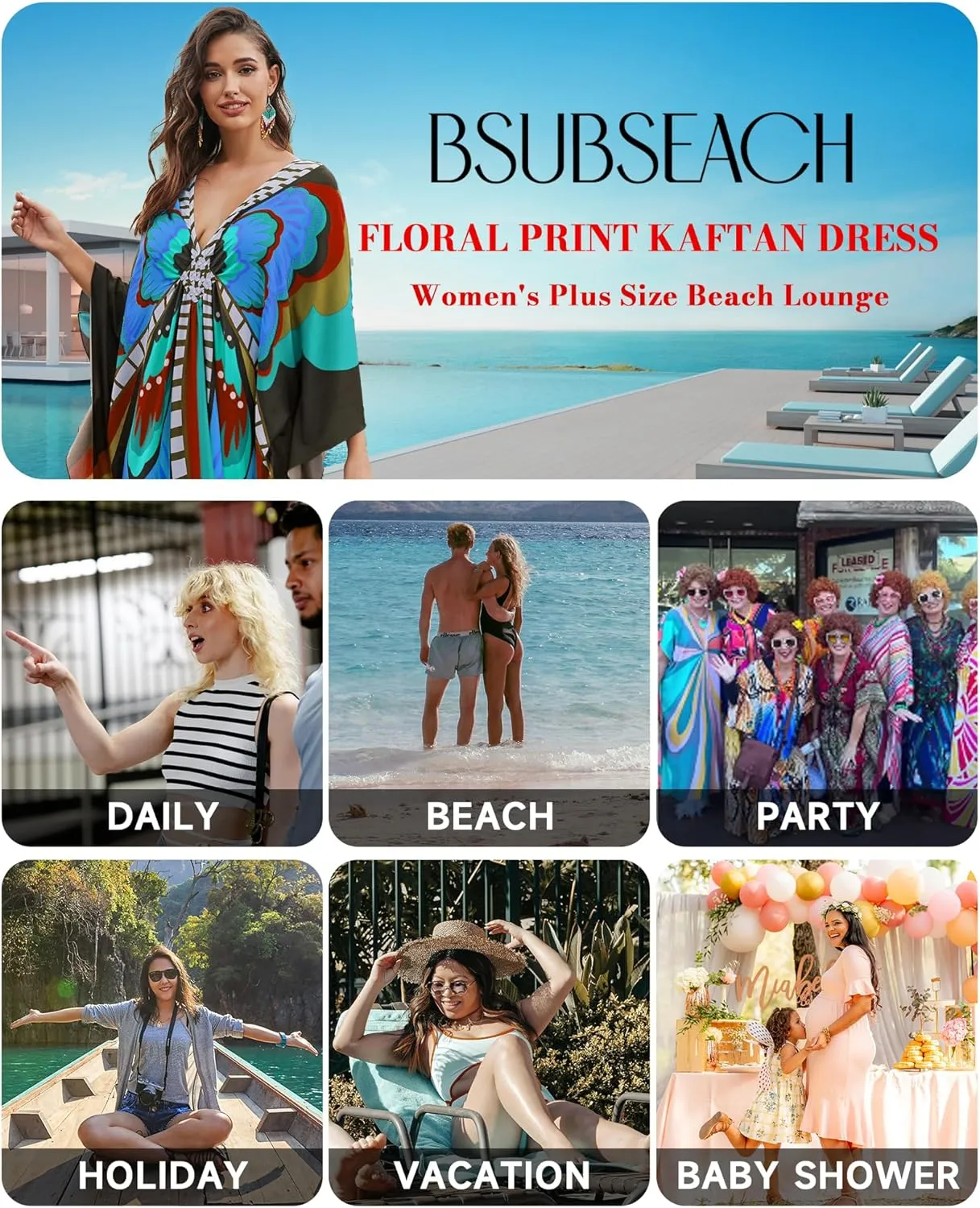 Bsubseach Kaftan Dresses for Women Butterfly Print Plus Size Batwing Sleeve Caftans Long Bathing Suit Cover Up