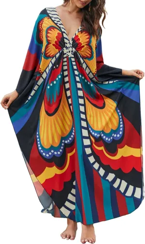 Bsubseach Kaftan Dresses for Women Butterfly Print Plus Size Batwing Sleeve Caftans Long Bathing Suit Cover Up