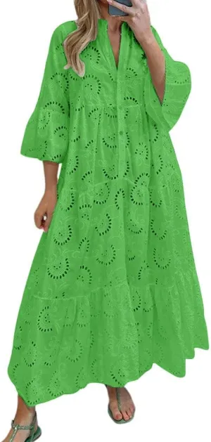 CHARTOU Women Cotton Eyelet Maxi Dress Embroidered Flowy Dress Boho Lace Shirt Dress Summer Tiered Swing A Line Dress