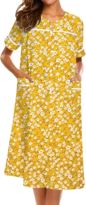 Ekouaer House Dress for Women with Pockets Button Down Duster Housecoat Short Sleeve Mumu Nightgown S-XXXL