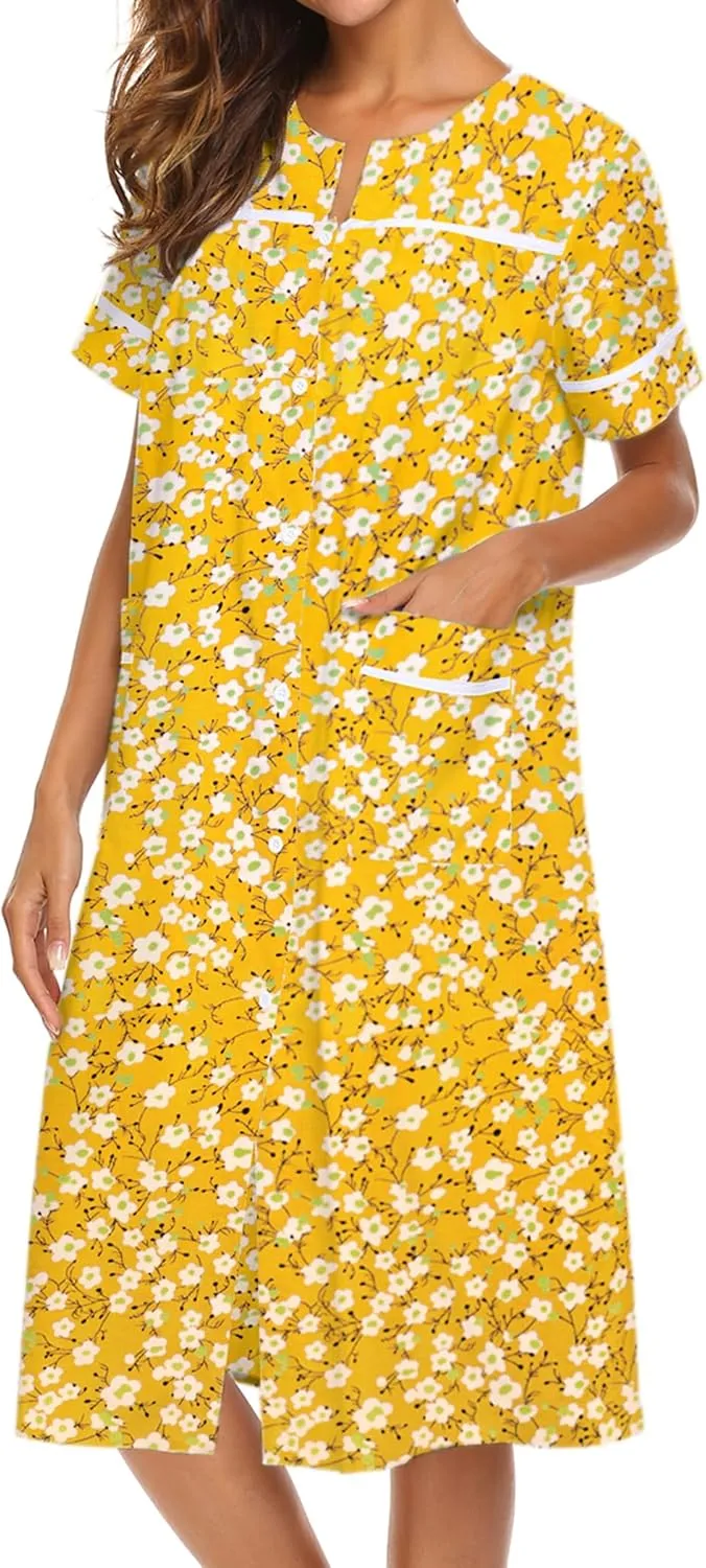 Ekouaer House Dress for Women with Pockets Button Down Duster Housecoat Short Sleeve Mumu Nightgown S-XXXL