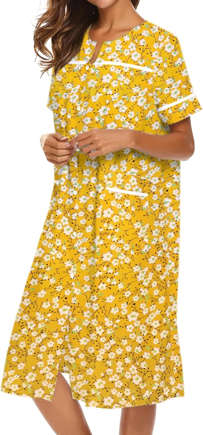 Ekouaer House Dress for Women with Pockets Button Down Duster Housecoat Short Sleeve Mumu Nightgown S-XXXL