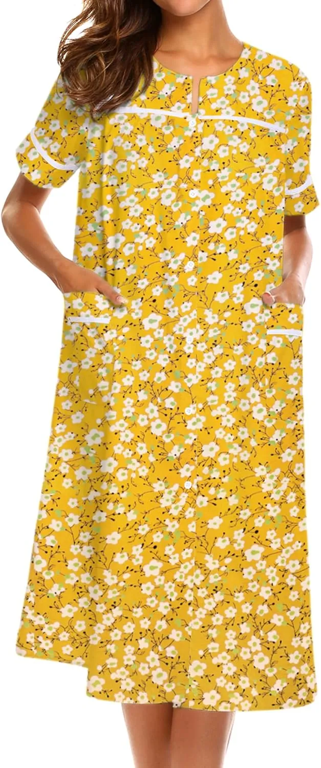 Ekouaer House Dress for Women with Pockets Button Down Duster Housecoat Short Sleeve Mumu Nightgown S-XXXL