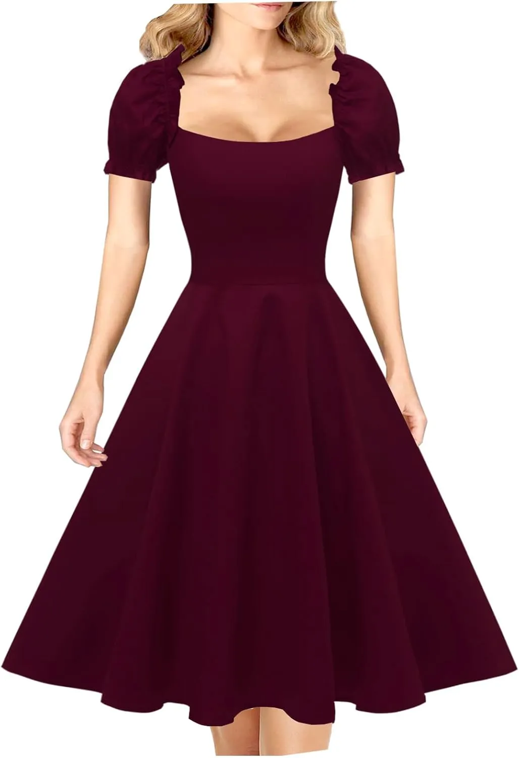 Hanpceirs Women's Puff Short Sleeve 1950s Party Dresses Square Neck Aline Dress with Pockets