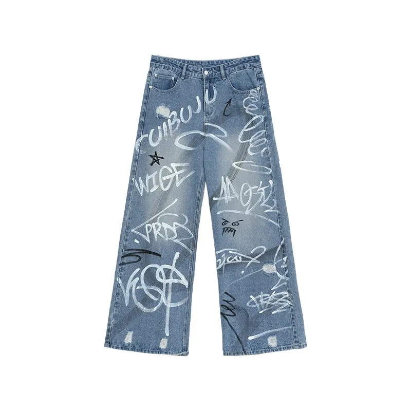 High Street Men's Jeans Graffiti Contrast Color Trousers Straight Wide Leg Male Denim Pants Fashion Summer 2024 9C6793