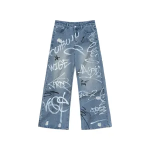 High Street Men's Jeans Graffiti Contrast Color Trousers Straight Wide Leg Male Denim Pants Fashion Summer 2024 9C6793