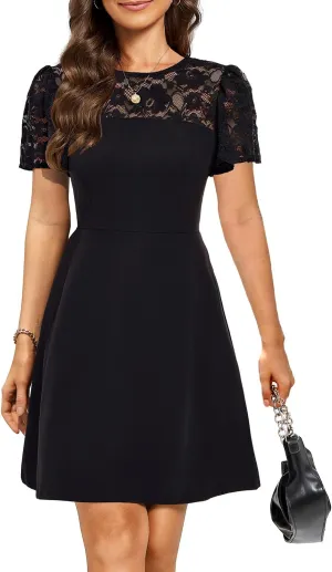 Holipick Women's Cocktail Dresses Wedding Guest Party Crew Neck Short A Line Dress with Lace Sleeves