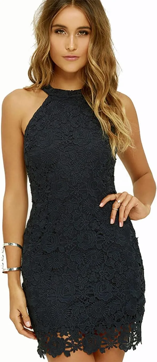 Jovono Women Tank Bodycon Dress Black Lace Halter Neck Dress Sleeveless Dress Cocktail Dresses Party Short Dress