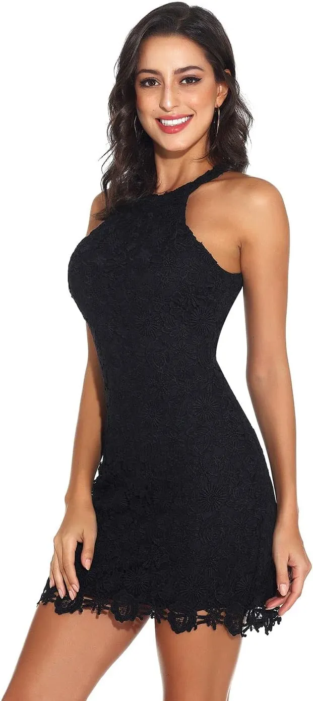 Jovono Women Tank Bodycon Dress Black Lace Halter Neck Dress Sleeveless Dress Cocktail Dresses Party Short Dress