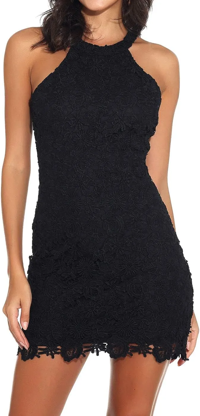 Jovono Women Tank Bodycon Dress Black Lace Halter Neck Dress Sleeveless Dress Cocktail Dresses Party Short Dress