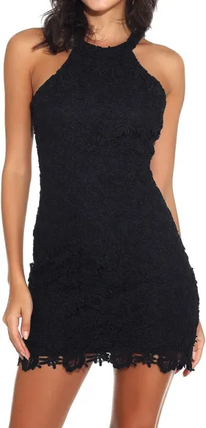 Jovono Women Tank Bodycon Dress Black Lace Halter Neck Dress Sleeveless Dress Cocktail Dresses Party Short Dress