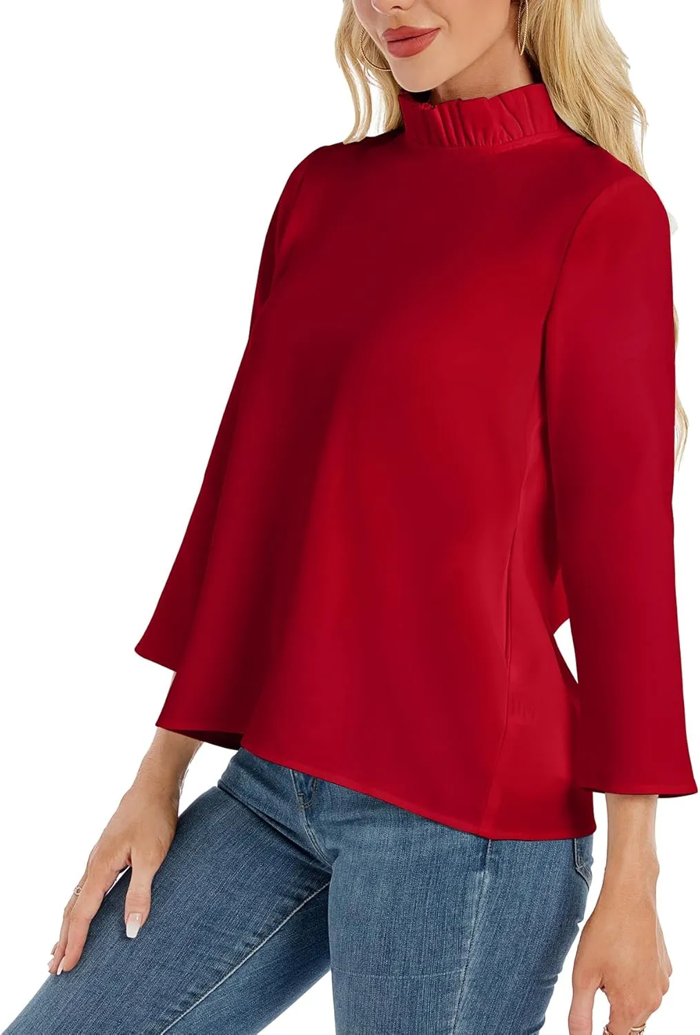 Kedera Women's Ruffle Mock Neck Blouses Top 3/4 Sleeves Elegant Shirt Bow Top with Pockets