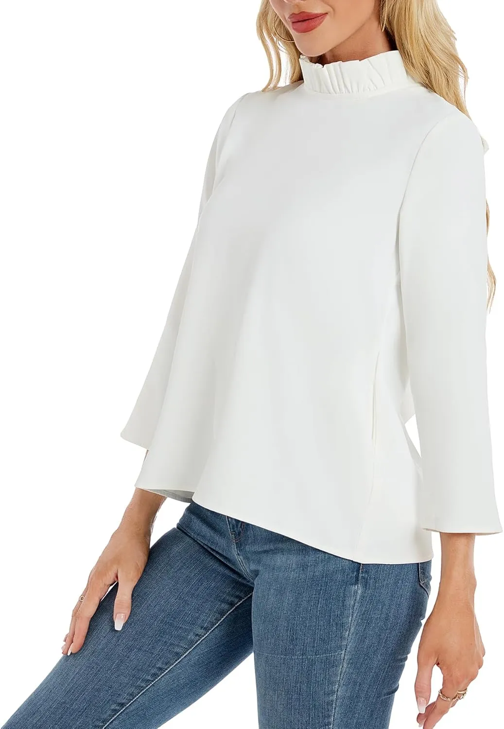 Kedera Women's Ruffle Mock Neck Blouses Top 3/4 Sleeves Elegant Shirt Bow Top with Pockets