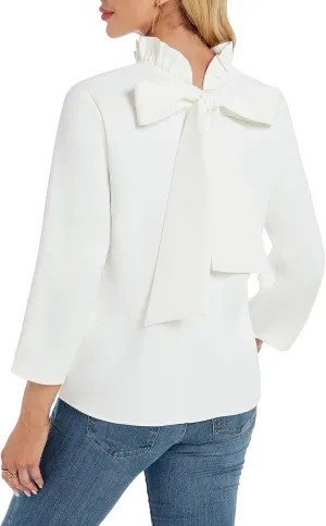 Kedera Women's Ruffle Mock Neck Blouses Top 3/4 Sleeves Elegant Shirt Bow Top with Pockets