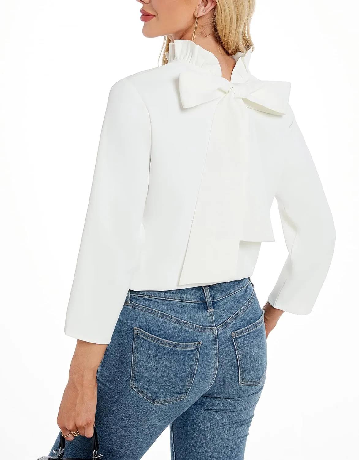 Kedera Women's Ruffle Mock Neck Blouses Top 3/4 Sleeves Elegant Shirt Bow Top with Pockets