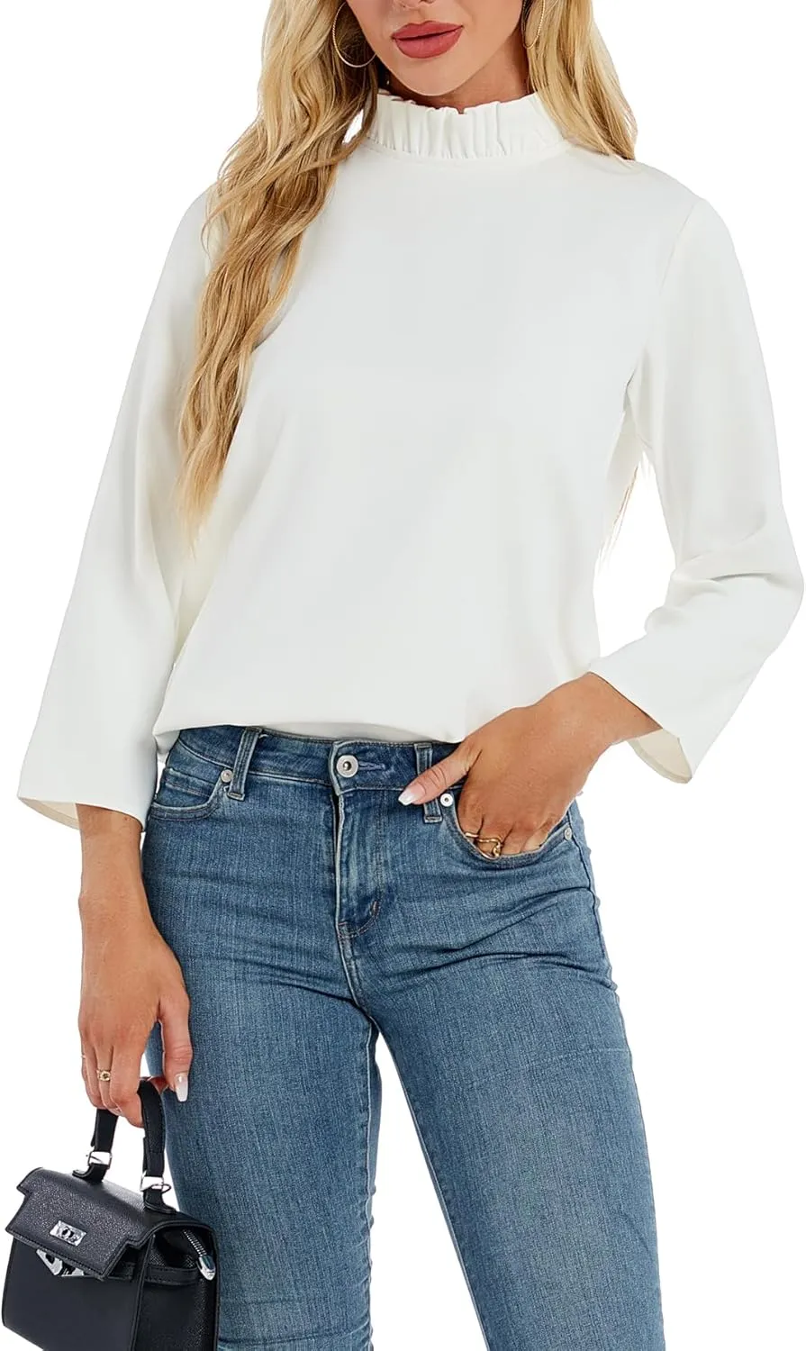 Kedera Women's Ruffle Mock Neck Blouses Top 3/4 Sleeves Elegant Shirt Bow Top with Pockets