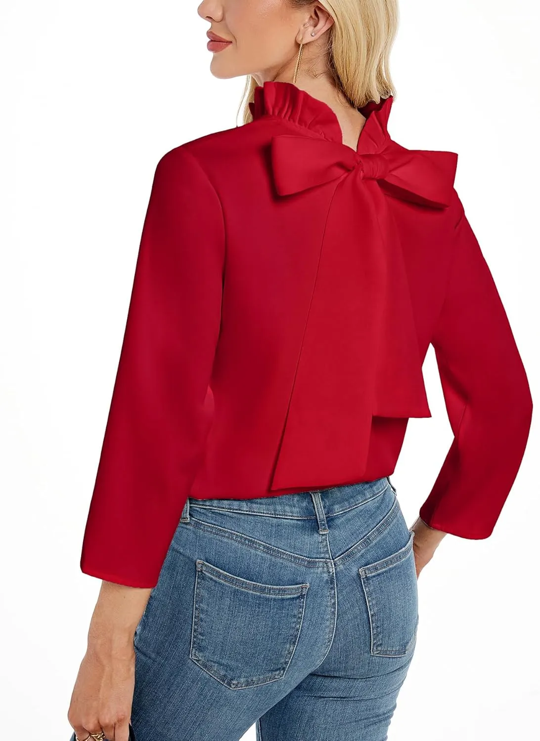 Kedera Women's Ruffle Mock Neck Blouses Top 3/4 Sleeves Elegant Shirt Bow Top with Pockets
