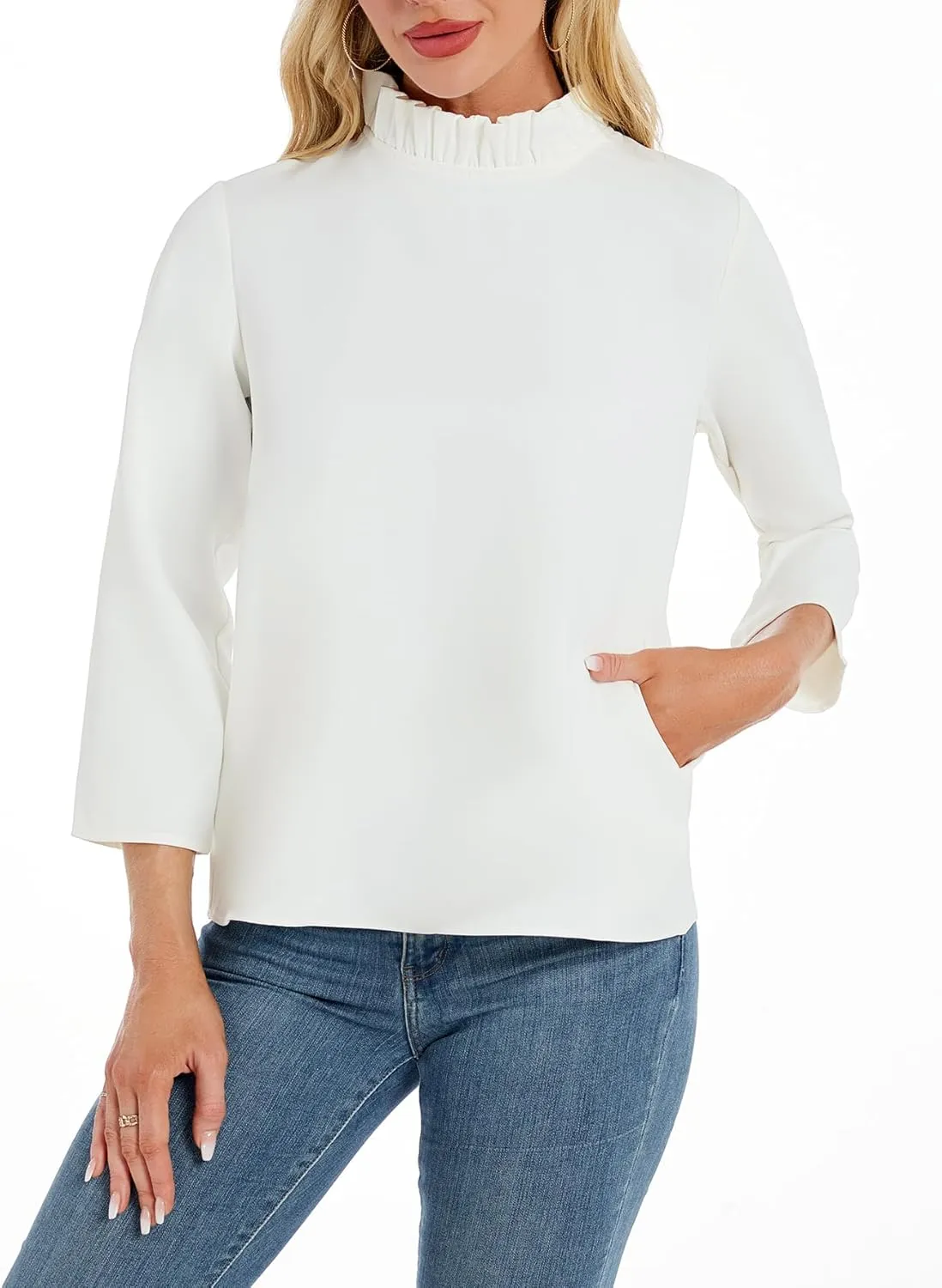 Kedera Women's Ruffle Mock Neck Blouses Top 3/4 Sleeves Elegant Shirt Bow Top with Pockets