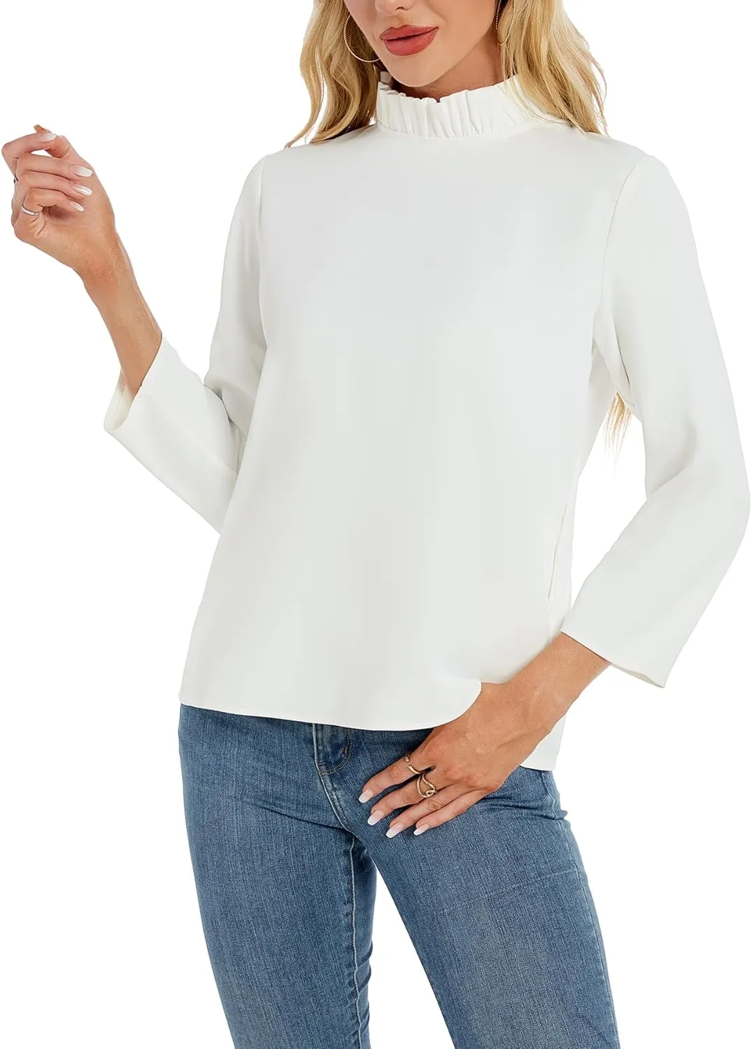 Kedera Women's Ruffle Mock Neck Blouses Top 3/4 Sleeves Elegant Shirt Bow Top with Pockets